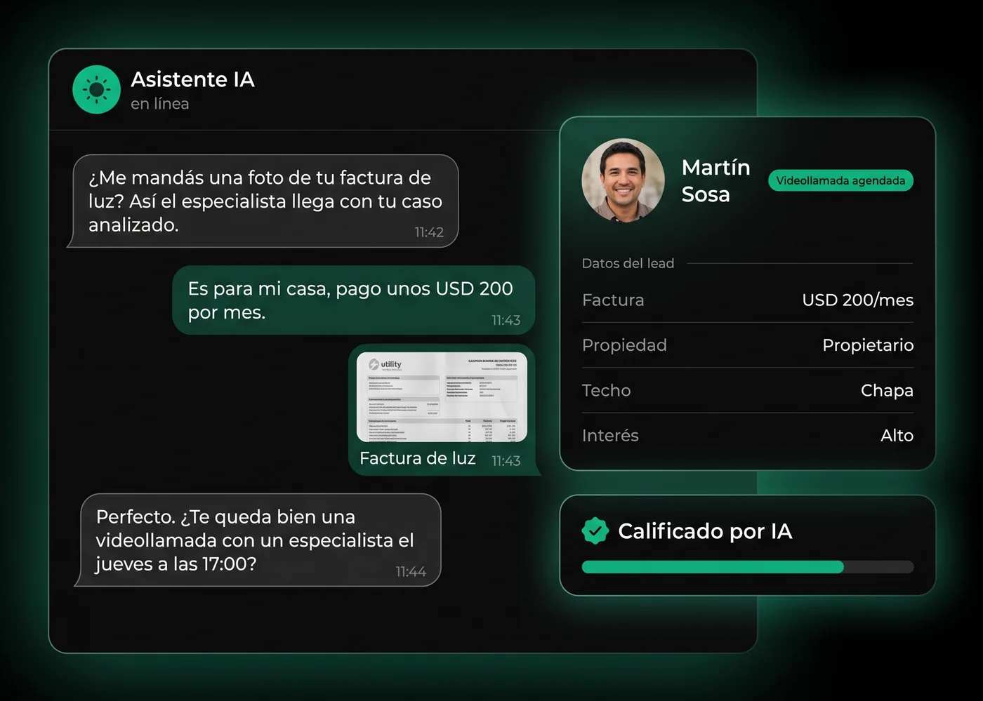 El agente de IA pide la factura por WhatsApp, califica al lead y agenda la videollamada