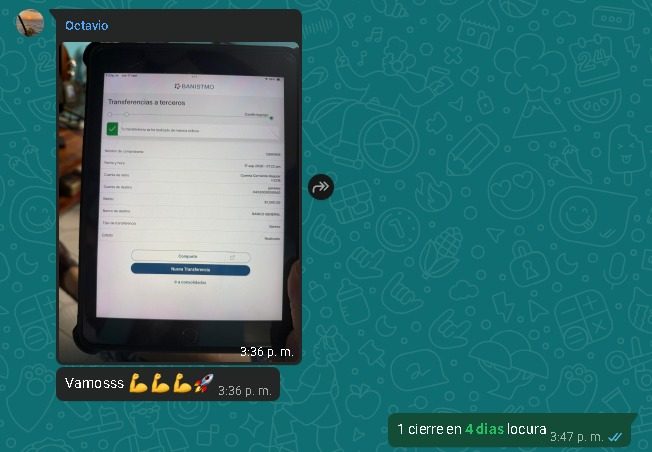 Chat con Octavio: comprobante de transferencia de un cierre en 4 días