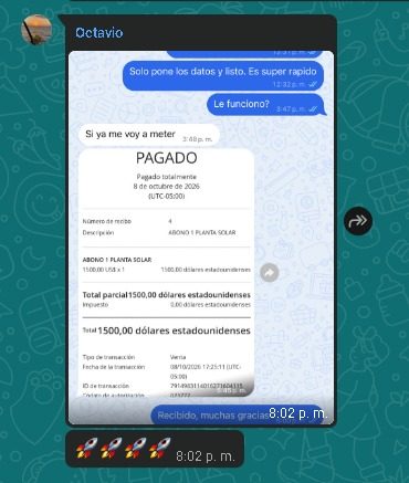 Chat con Octavio: comprobante de pago de USD 1.500 de un abono de planta solar