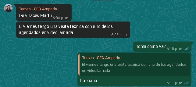 Chat con Tomás, CEO de Amperio: visita técnica con un lead agendado en videollamada