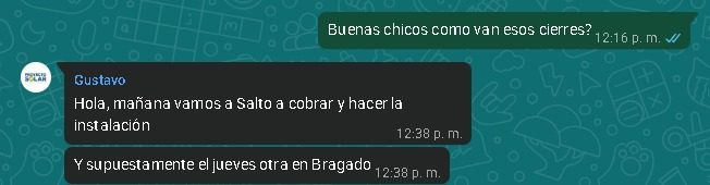 Chat con Gustavo: «mañana vamos a Salto a cobrar y hacer la instalación»